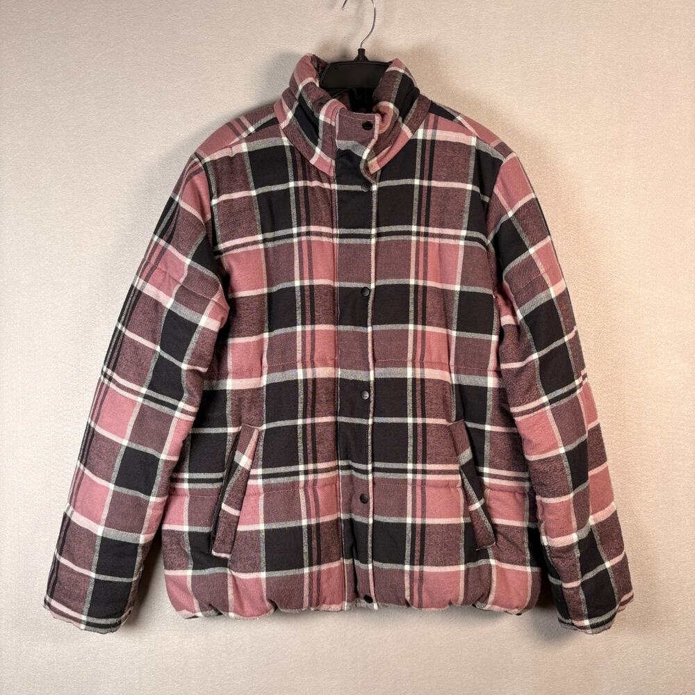 Marmot Women's XL Pink Black Plaid Quilted Puffer Jacket Snap Front